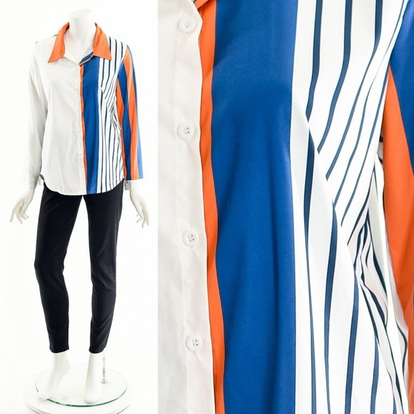 Asymmetric Striped Button Down,Vintage Colorblock Oxford Shirt,Nautical Striped - Picture 1 of 9